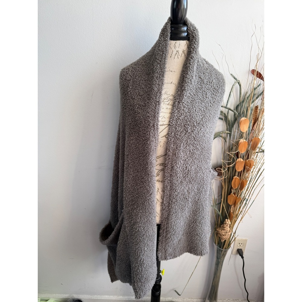 Barefoot Dreams CozyChic Grey Knit Wrap Cardigan Shawl Collar Pockets Style 553